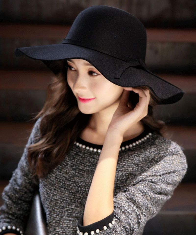 Stijlvolle Mulberry Wave Brim Bow Wollen Cloche Hoed - Moerbeiboom