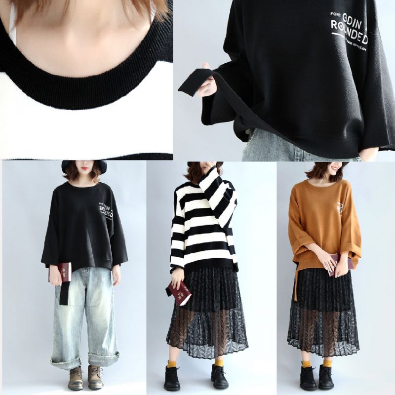 Strip Winterwollen Tops Oversized Zwart-wit Gestreepte Pullover-t-shirts - Zwart Wit