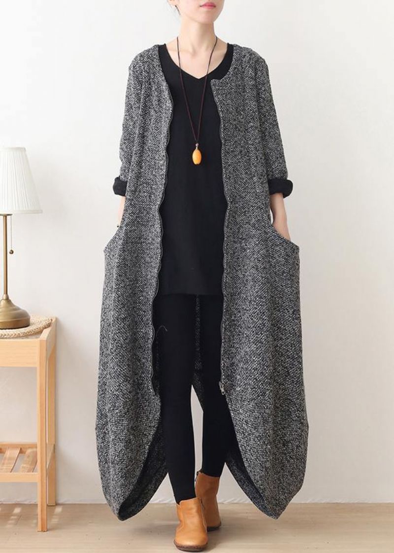 Vintage Grijze Wollen Jassen Oversized Winterjas V-hals Asymmetrische Winterdamesjassen - Grijs