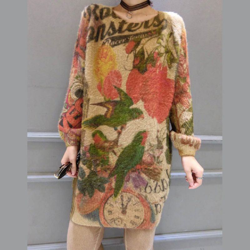 Wijde Losse Wollen Gemengde Trui Met Vogelprint Tops Elastisch Plus Size Casual Gebreide Damestrui - Dames wollen jassen