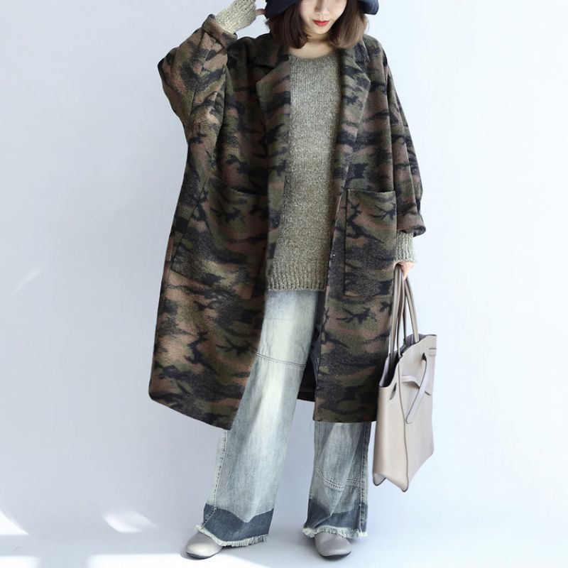 Zwartgroene Camouflage Casual Wollen Vesten Oversized Zakken Trenchcoats Met Lange Mouwen