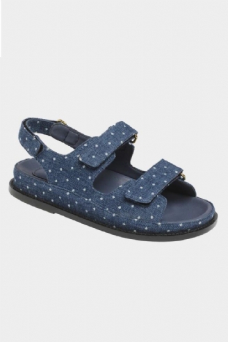 Dames Flats Sandalen Denim Zwart Echt Leer Zomerschoenen Voor