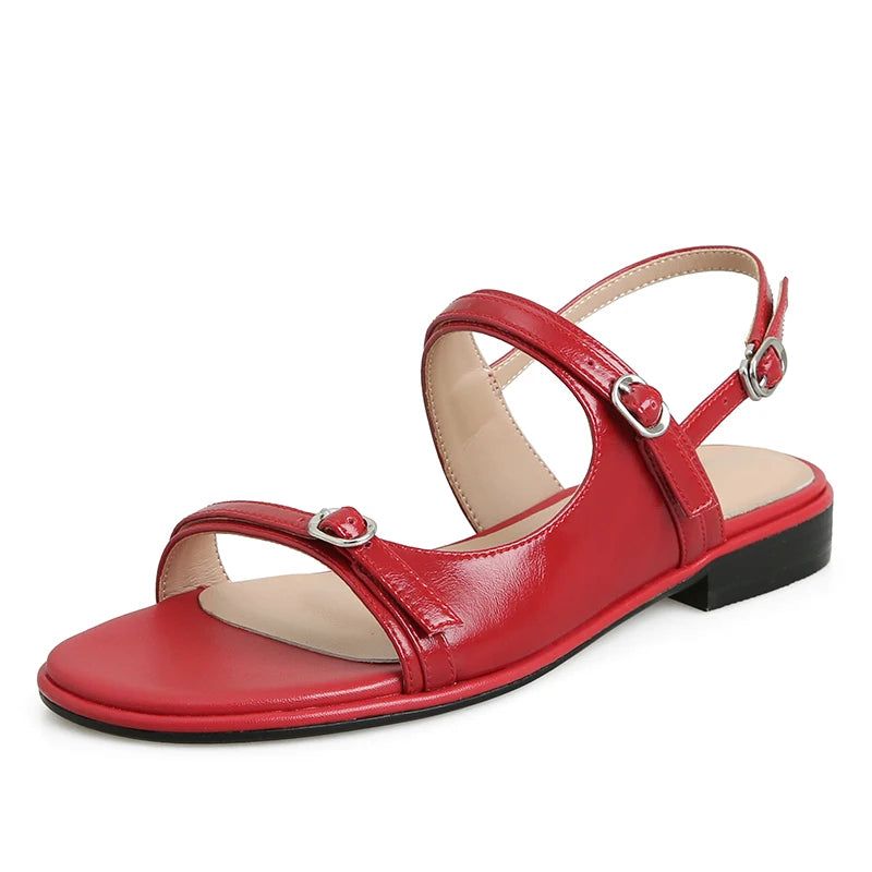 Dames Flats Sandalen Echt Leer Gesp Sling Back Lage Hakken Zomerstrandschoenen Casual - Rood