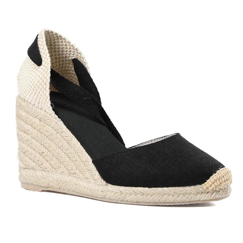 Dames Zomer Espadrille Hak Wig Sandalen Gesloten Teen Schoen Kruisgebonden Veterschoenen - 9Cm Zwart