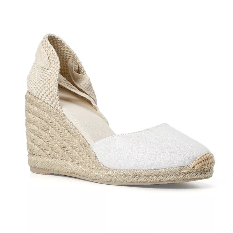 Dames Zomer Espadrille Hak Wig Sandalen Gesloten Teen Schoen Kruisgebonden Veterschoenen - 9Cm Zwart