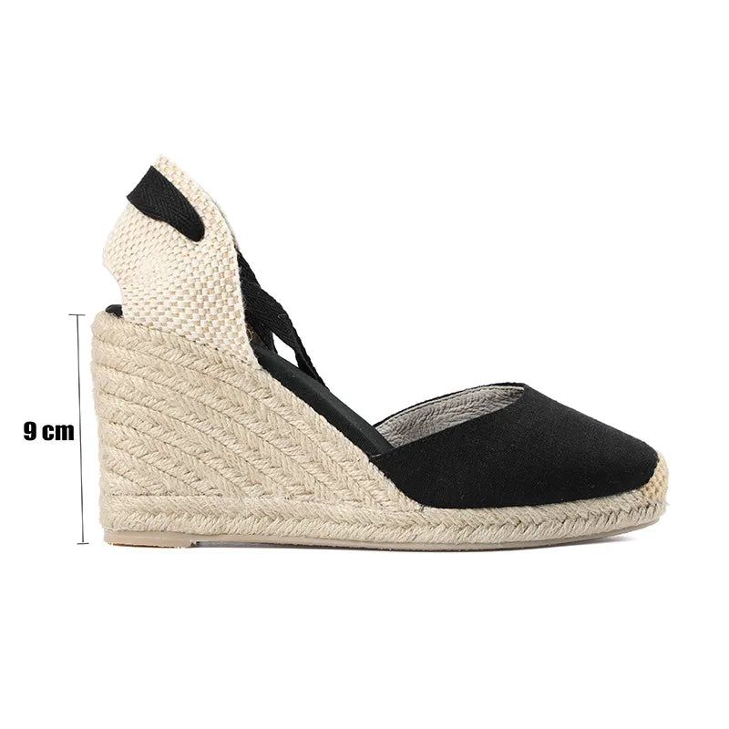 Dames Zomer Espadrille Hak Wig Sandalen Gesloten Teen Schoen Kruisgebonden Veterschoenen - 9Cm Zwart