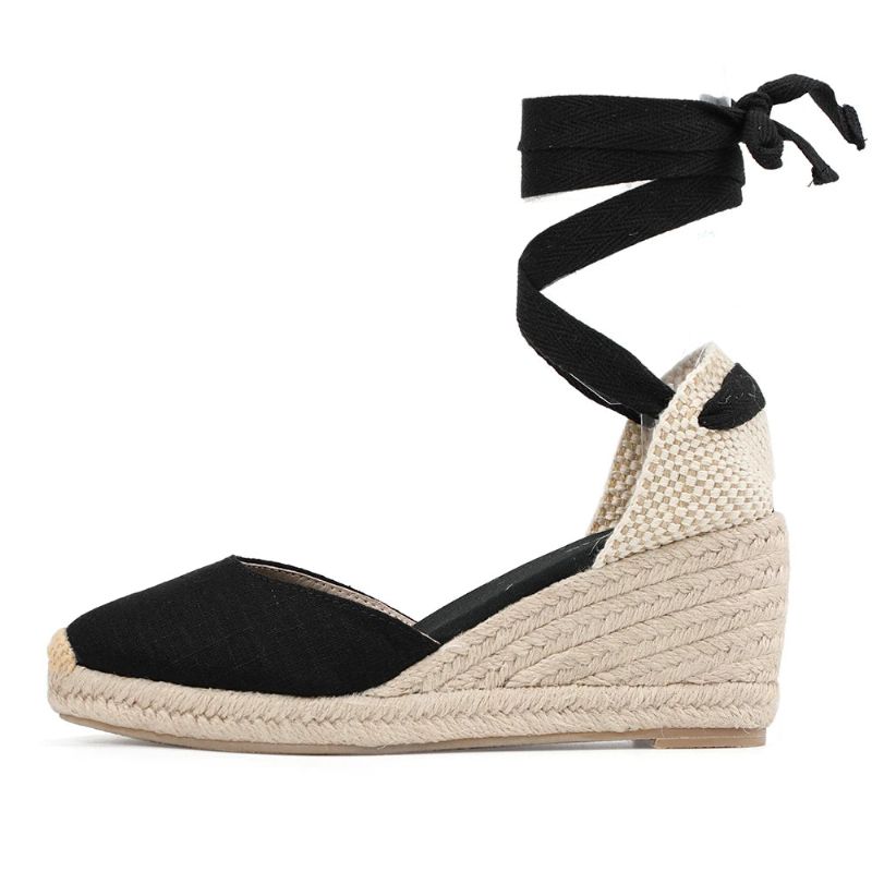 Dames Zomer Espadrille Hak Wig Sandalen Gesloten Teen Schoen Kruisgebonden Veterschoenen - 9Cm Zwart