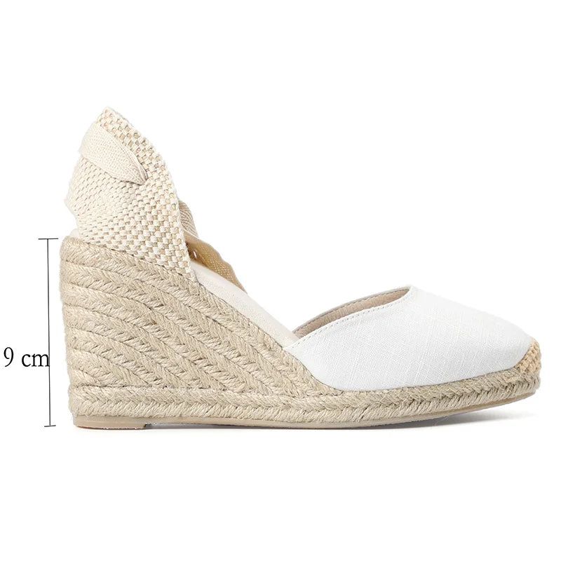 Dames Zomer Espadrille Hak Wig Sandalen Gesloten Teen Schoen Kruisgebonden Veterschoenen - 9Cm Zwart