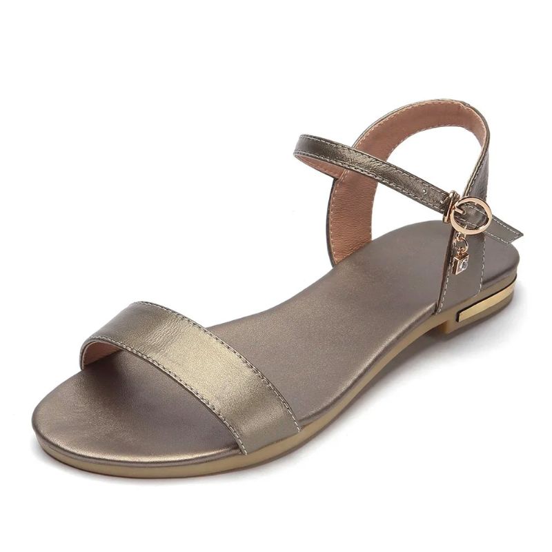 Echt Lederen Sandalen Damesschoenen Strass Vrouwelijke Zomer Platte Dames Casual Schoenen - Champagne