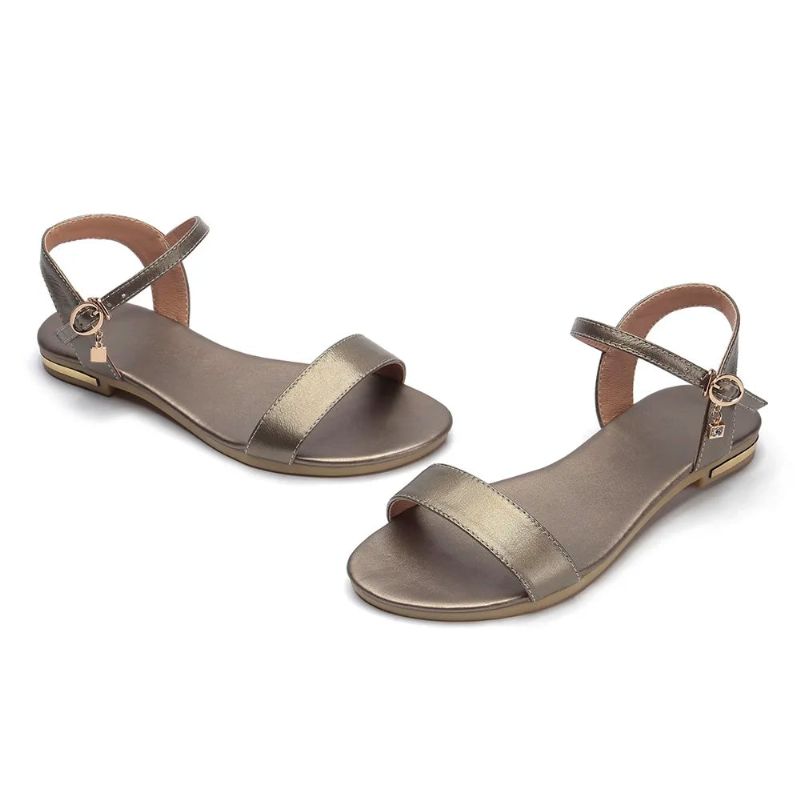 Echt Lederen Sandalen Damesschoenen Strass Vrouwelijke Zomer Platte Dames Casual Schoenen - Champagne