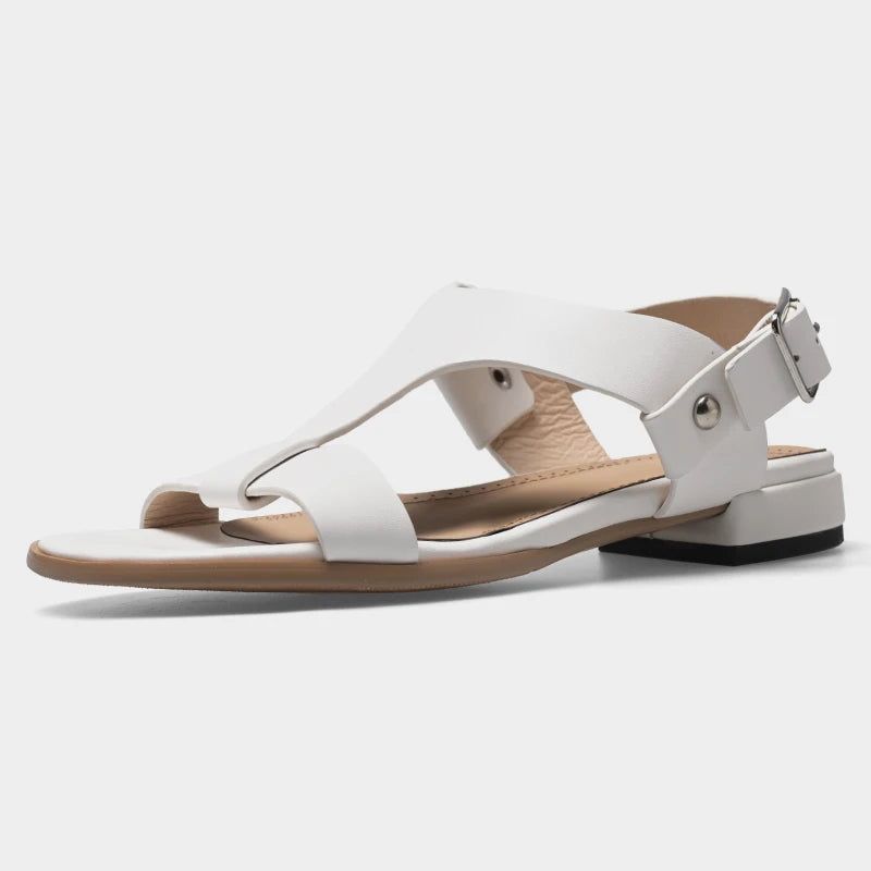 Flats Sandalen Dames Echt Leer Lage Hakken Zomerschoenen Voor Sandaal - Zwart