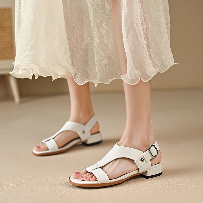 Flats Sandalen Dames Echt Leer Lage Hakken Zomerschoenen Voor Sandaal - Zwart