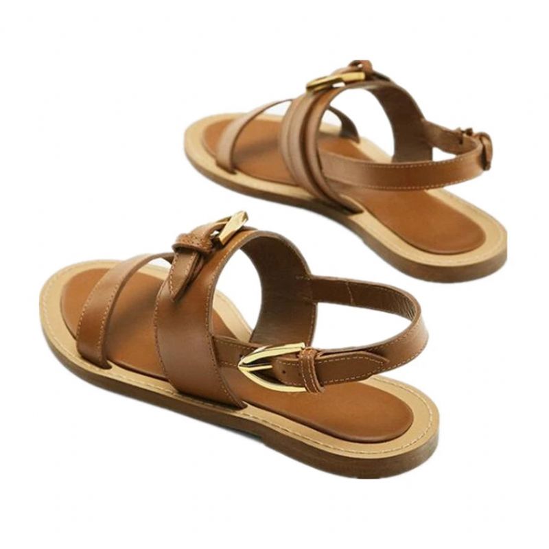 Franse Dames Lederen Platte Sandalen Zomer Elegante Casual Voor - Bruin