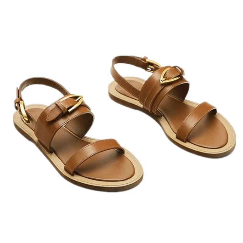 Franse Dames Lederen Platte Sandalen Zomer Elegante Casual Voor - Bruin