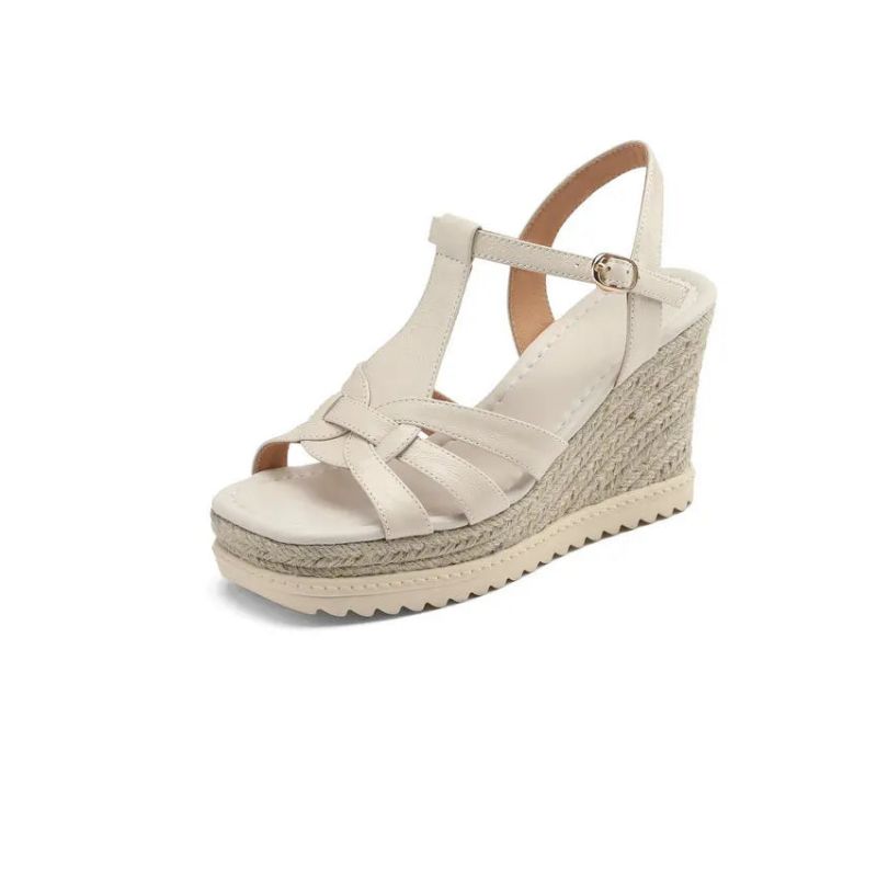 Platforms Dames Sandalen Sleehak Hoge Hak Echt Leer Stijl Casual Outdoor Schoenen Vrouw Zomer - Beige