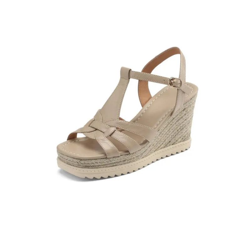 Platforms Dames Sandalen Sleehak Hoge Hak Echt Leer Stijl Casual Outdoor Schoenen Vrouw Zomer - Beige