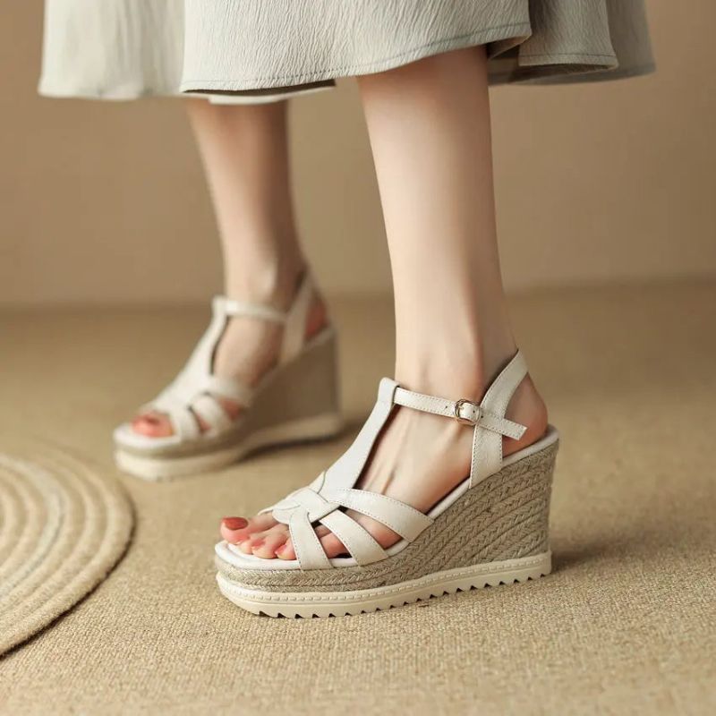 Platforms Dames Sandalen Sleehak Hoge Hak Echt Leer Stijl Casual Outdoor Schoenen Vrouw Zomer - Beige