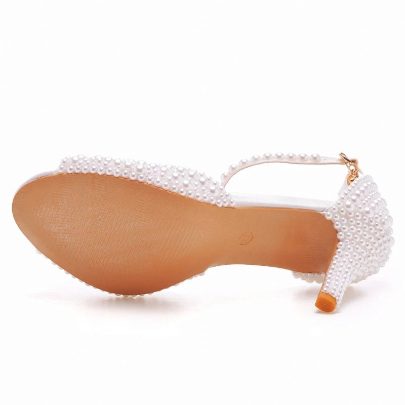 Witte Parel Sandalen Dames Open Teen Hoge Hakken Dame Luxe Trouwschoenen Banketjurk - Wit